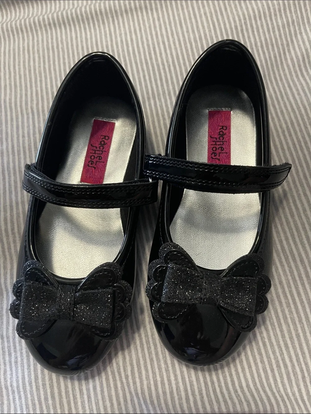 Rachel Shoes Black Patent Mary Janes with Glitter Bow Accent